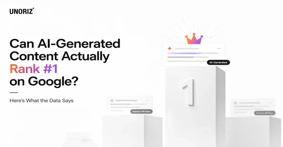 Can AI-Generated Content Actually Rank #1 on Google graphic showing podium #1 rank with crown and comparison of AI-Generated vs Human Written content