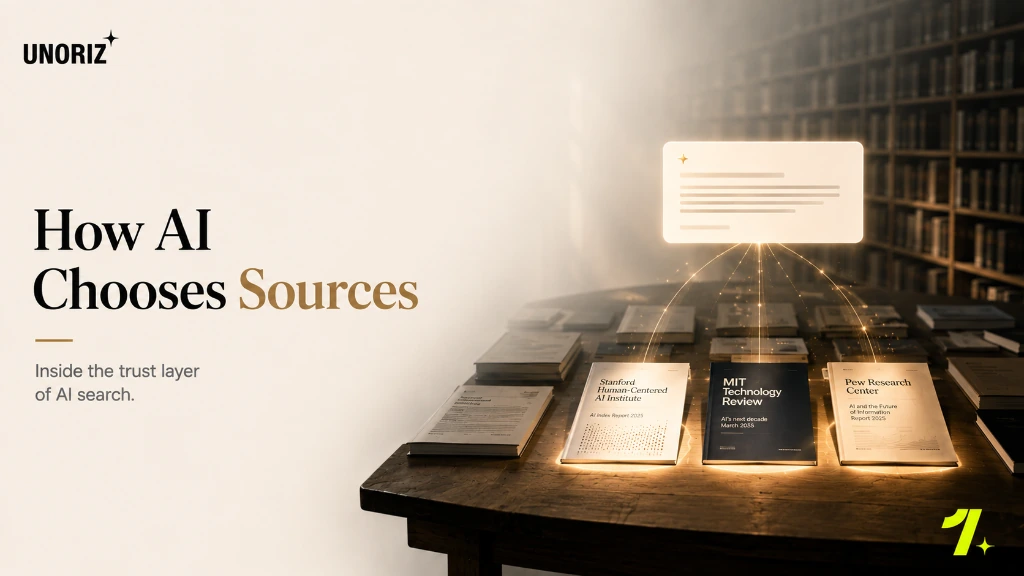 Interior of an illuminated research library with beam of light highlighting Stanford HAI, MIT Technology Review, and Pew Research reports on a wooden table, representing AI citation trust layer